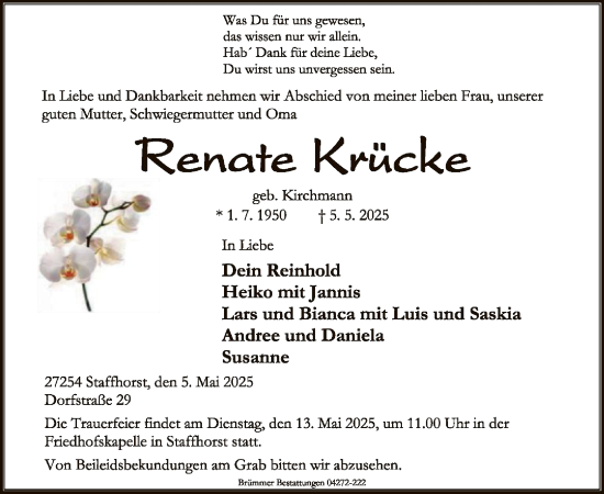 Todesanzeige von Renate Krücke von SYK