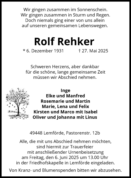 Todesanzeige von Rolf Rehker von SYKS