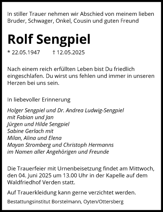 Todesanzeige von Rolf Sengpiel von SYKS