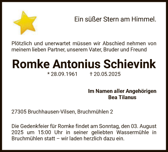 Todesanzeige von Romke Antonius Schievink von SYKS