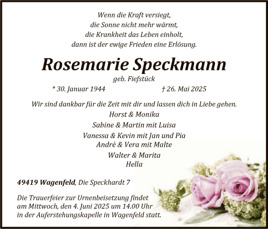 Todesanzeige von Rosemarie Speckmann von SYKS