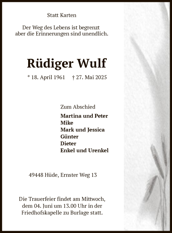 Todesanzeige von Rüdiger Wulf von SYKS