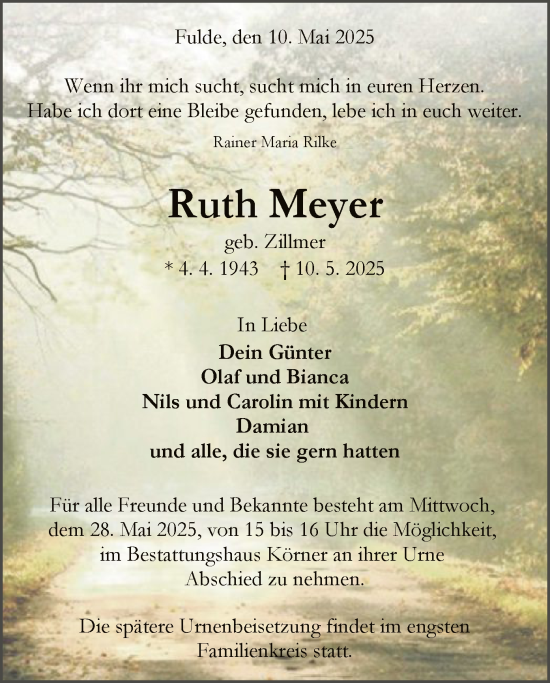 Todesanzeige von Ruth Meyer von SYKR