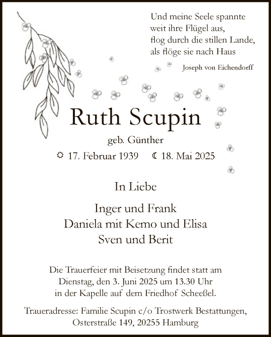 Todesanzeige von Ruth Scupin von SYKR