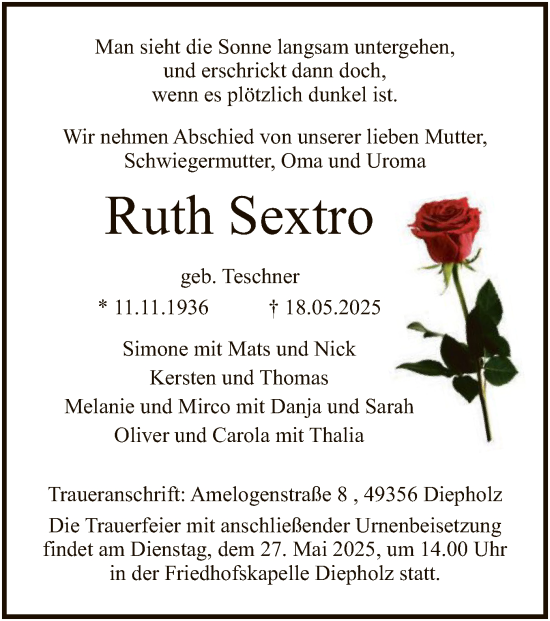 Todesanzeige von Ruth Sextro von SYKS