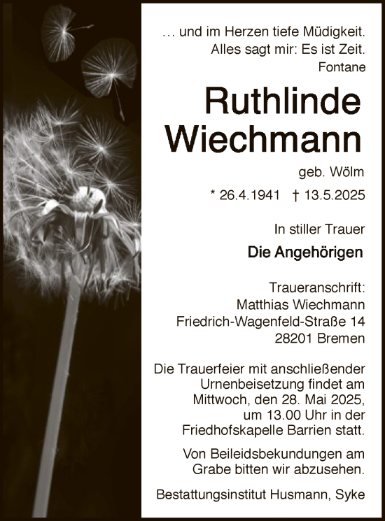 Todesanzeige von Ruthlinde Wiechmann von SYKS