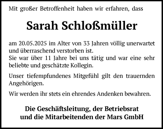 Todesanzeige von Sarah Schloßmüller von SYKS