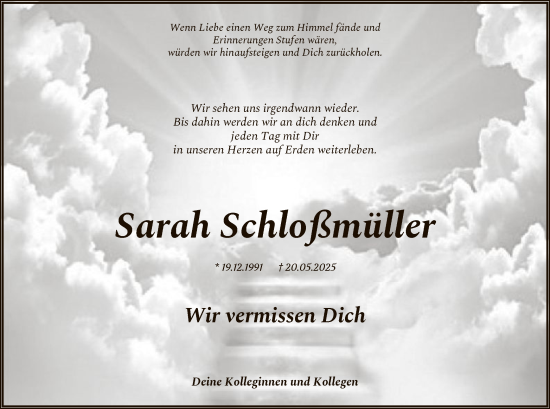 Todesanzeige von Sarah Schloßmüller von SYKS