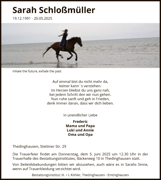 Todesanzeige von Sarah Schloßmüller von SYKS
