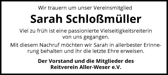 Todesanzeige von Sarah Schloßmüller von SYKS