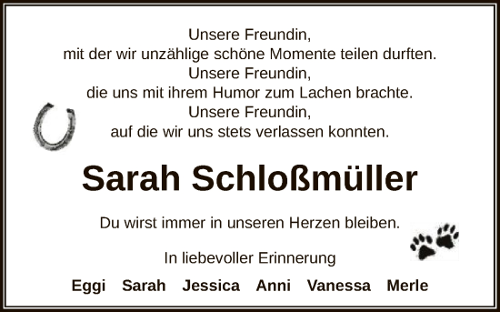 Todesanzeige von Sarah Schloßmüller von SYKS