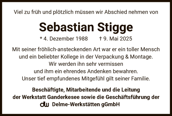 Todesanzeige von Sebastian Stigge von SYK