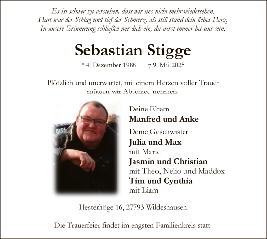 Todesanzeige von Sebastian Stigge von SYK