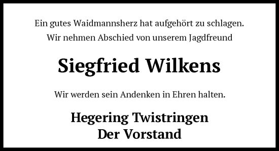 Todesanzeige von Siegfried Wilkens von SYKS