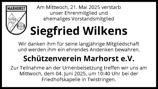Todesanzeige von Siegfried Wilkens von SYKS