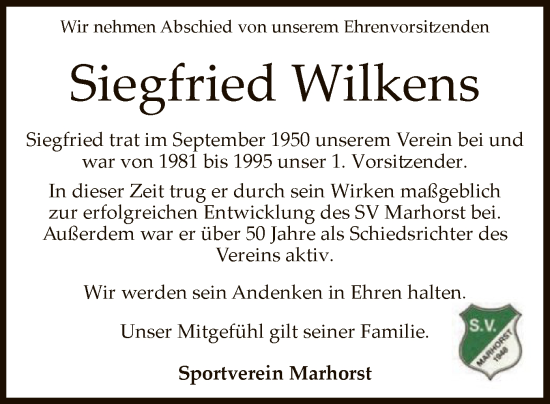 Todesanzeige von Siegfried Wilkens von SYKS