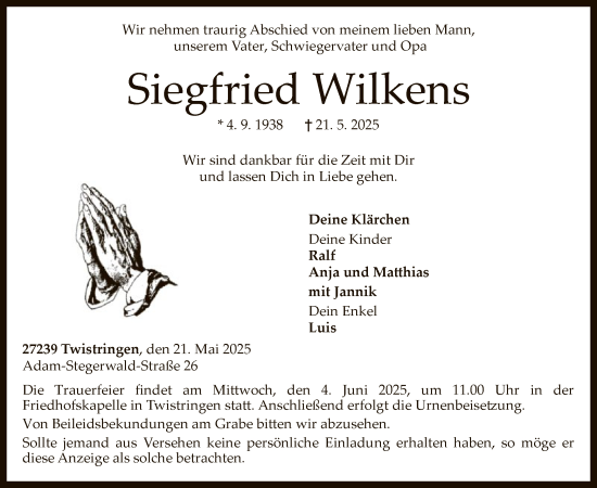 Todesanzeige von Siegfried Wilkens von SYKS