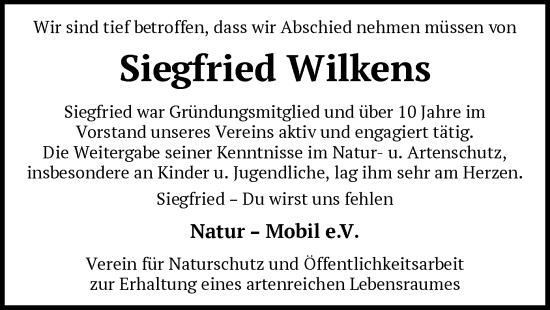 Todesanzeige von Siegfried Wilkens von SYKS