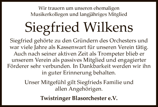 Todesanzeige von Siegfried Wilkens von SYKS