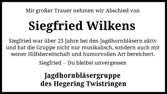 Todesanzeige von Siegfried Wilkens von SYKS