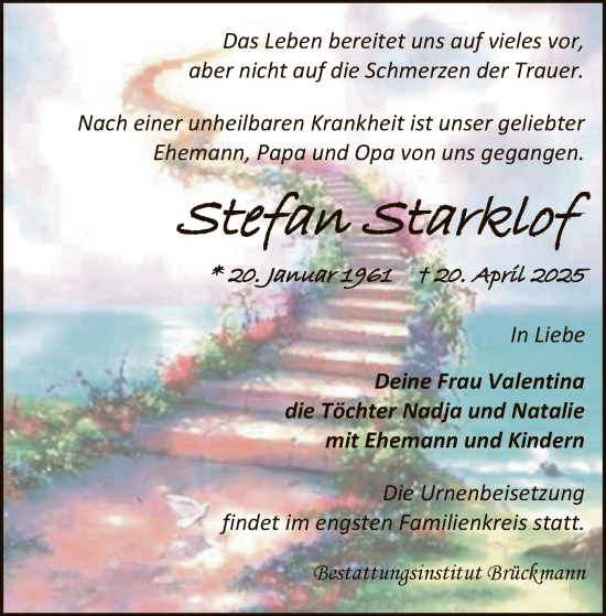 Todesanzeige von Stefan Starklof von SYK