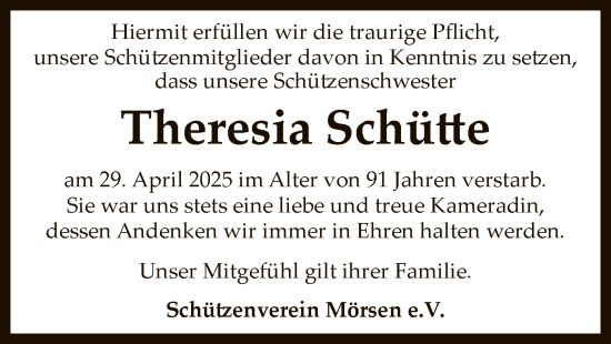 Todesanzeige von Theresia Schütte von SYK