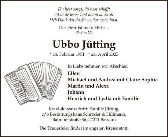 Todesanzeige von Ubbo Jütting von SYK