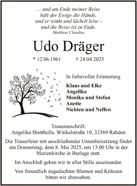 Todesanzeige von Udo Dräger von SYK