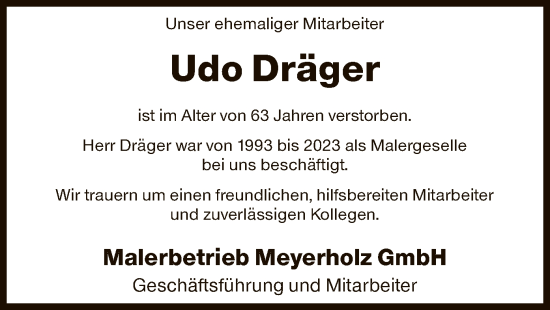 Todesanzeige von Udo Dräger von SYK