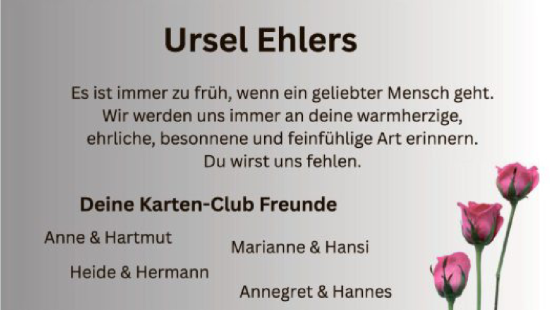 Todesanzeige von Ursel Ehlers von SYKS