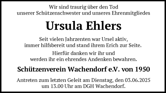 Todesanzeige von Ursula Ehlers von SYKS