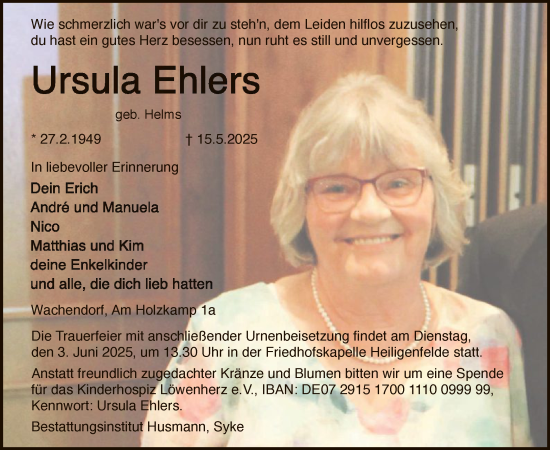 Todesanzeige von Ursula Helms von SYKS