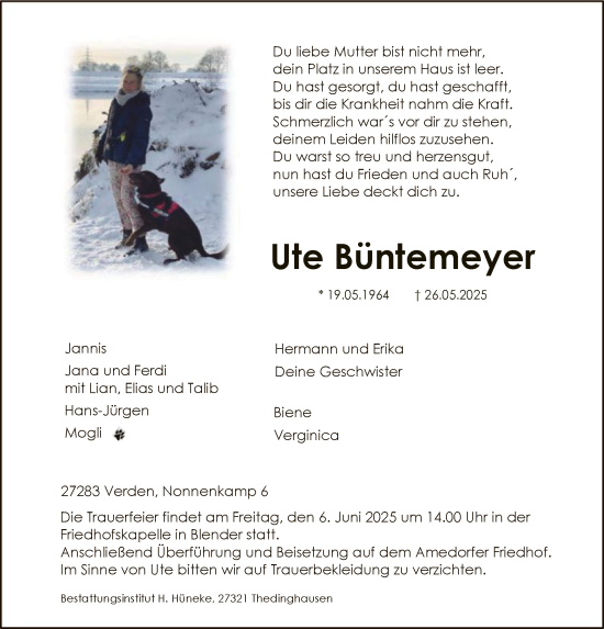 Todesanzeige von Ute Büntemeyer von SYKS