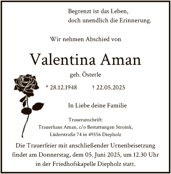 Todesanzeige von Valentina Aman von SYKS
