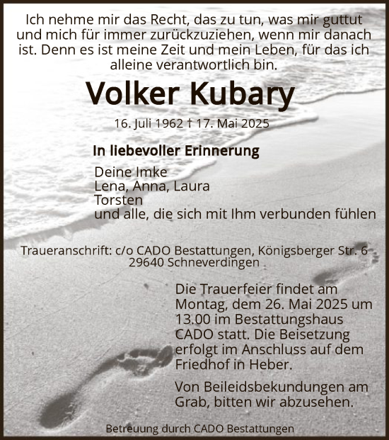 Todesanzeige von Volker Kubary von SYKR