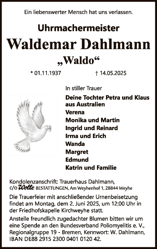 Todesanzeige von Waldemar Dahlmann von SYKS