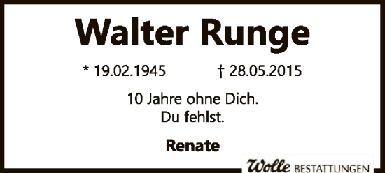Todesanzeige von Walter Runge von SYKS