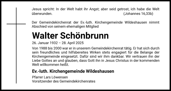 Todesanzeige von Walter Schönbrunn von SYK