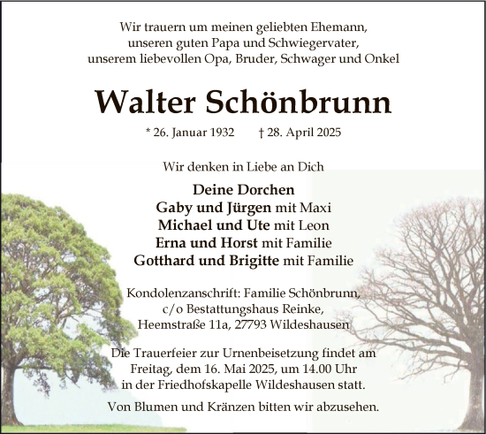 Todesanzeige von Walter Schönbrunn von SYK