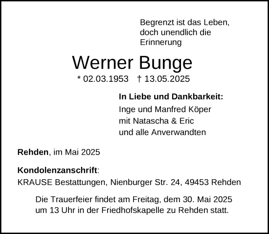 Todesanzeige von Werner Bunge von SYKS