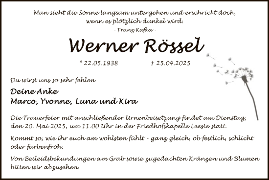 Todesanzeige von Werner Rössel von SYK