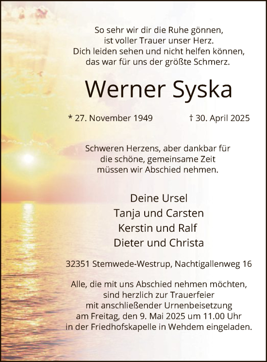 Todesanzeige von Werner Syska von SYK