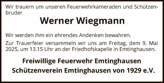 Todesanzeige von Werner Wiegmann von SYK