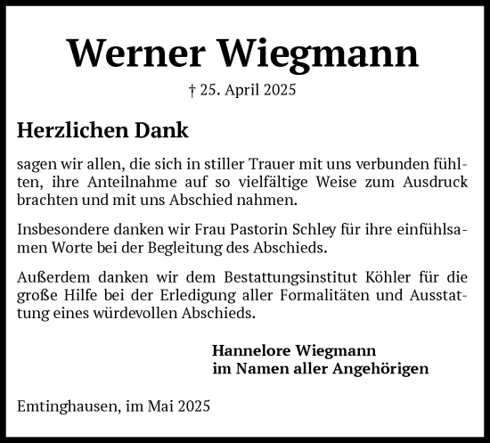 Todesanzeige von Werner Wiegmann von SYKS