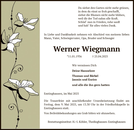 Todesanzeige von Werner Wiegmann von SYK