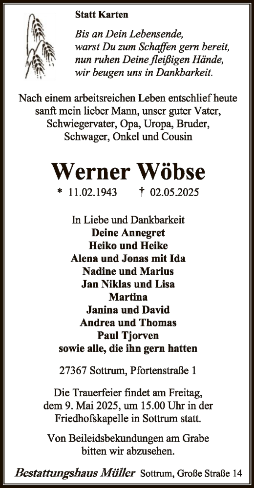 Todesanzeige von Werner Wöbse von SYK