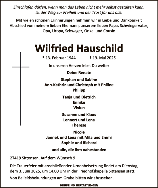 Todesanzeige von Wilfried Hauschild von SYKR