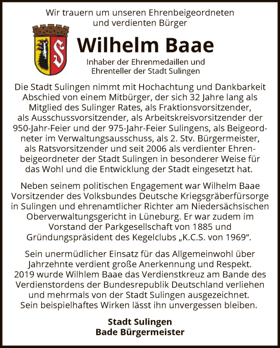 Todesanzeige von Wilhelm Baae von SYK