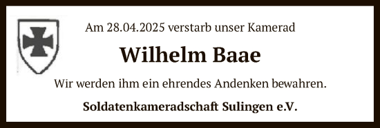 Todesanzeige von Wilhelm Baae von SYK