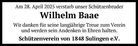 Todesanzeige von Wilhelm Baae von SYK